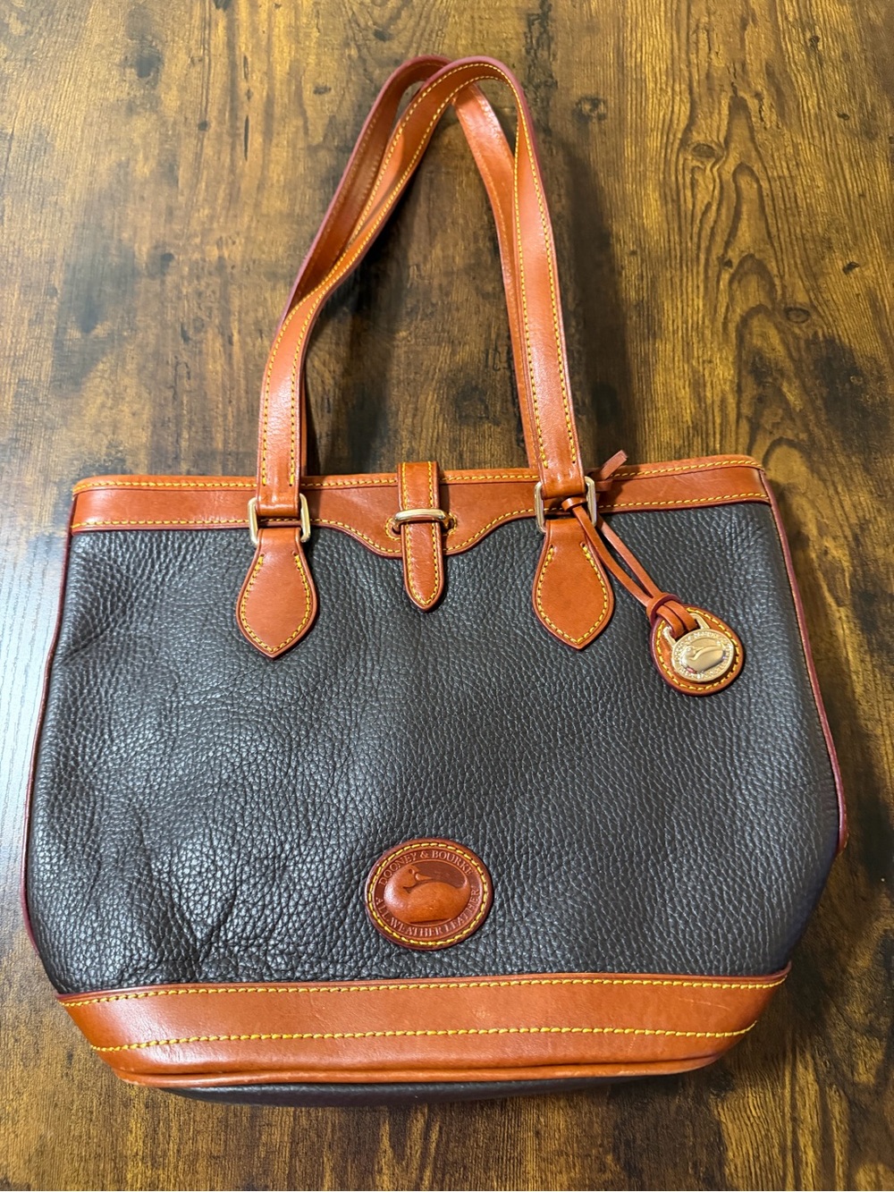 Dooney & Bourke Dark Brown Pebbled Leather Tote with Tan Trim